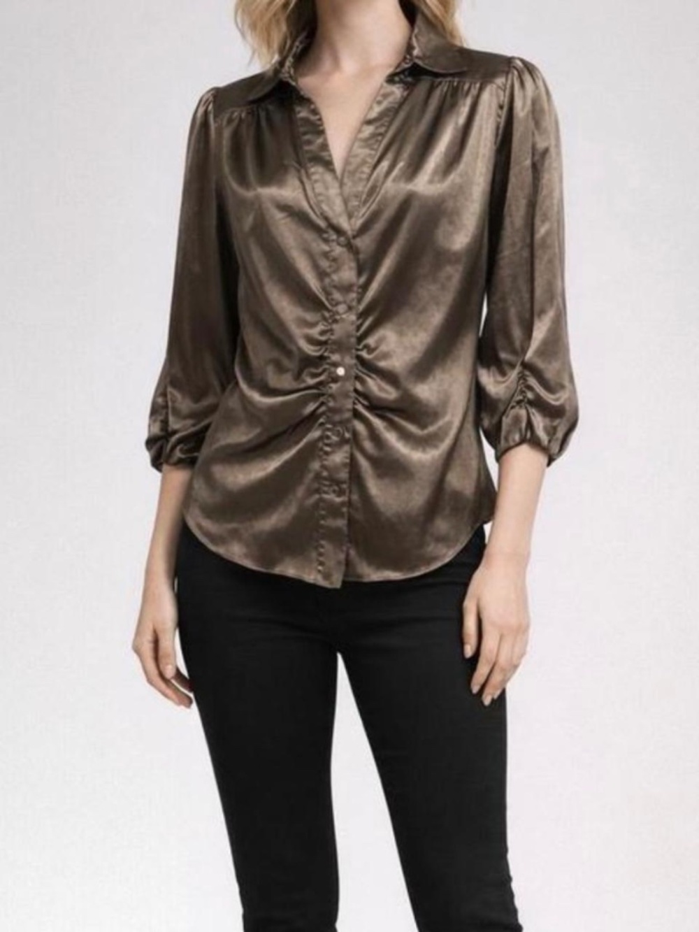 Vertigo Paris Satin Brown Seamed Blouse Size M